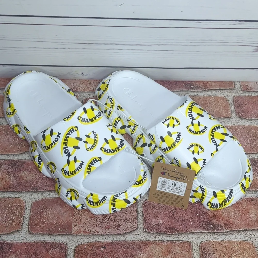 Champion Men's Meloso Squish Smile‎ White and Yellow Slide Slip On Sandals